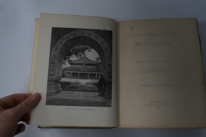 Thomson, John - Through China with a Camera, 1st edition, half-title, frontispiece, complete ‘with nearly 100 illustrations’, with authors ink presentation inscriptions to Alfred de Rothschild (1842-1918), 4to, green clo